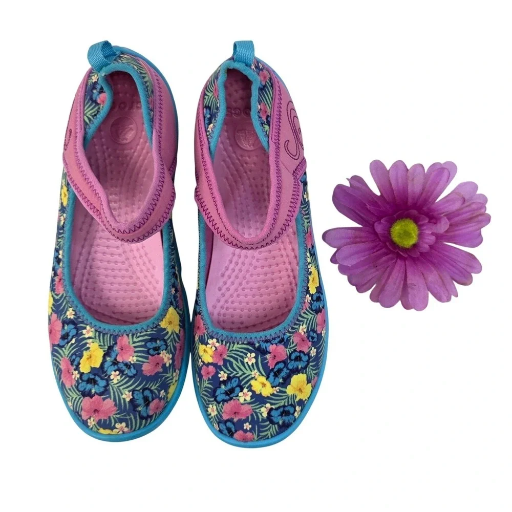 Crocs Mary Jane Flats Girls Floral Print Pink Blue Rubber Shoes Size 13